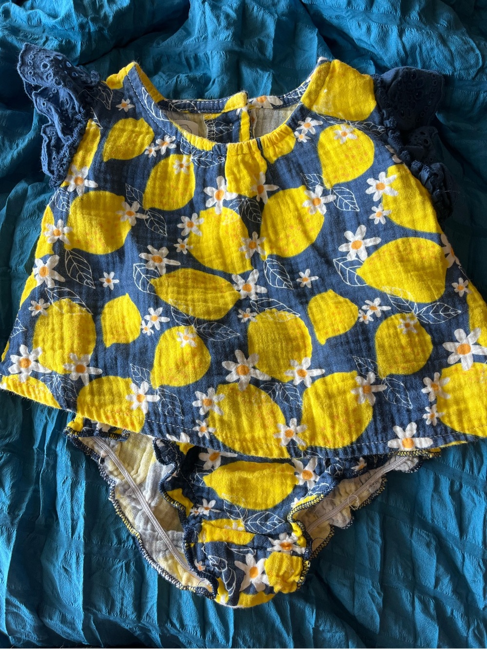 Mud Pie Navy and Yellow Lemon Floral Baby Romper 3-6m